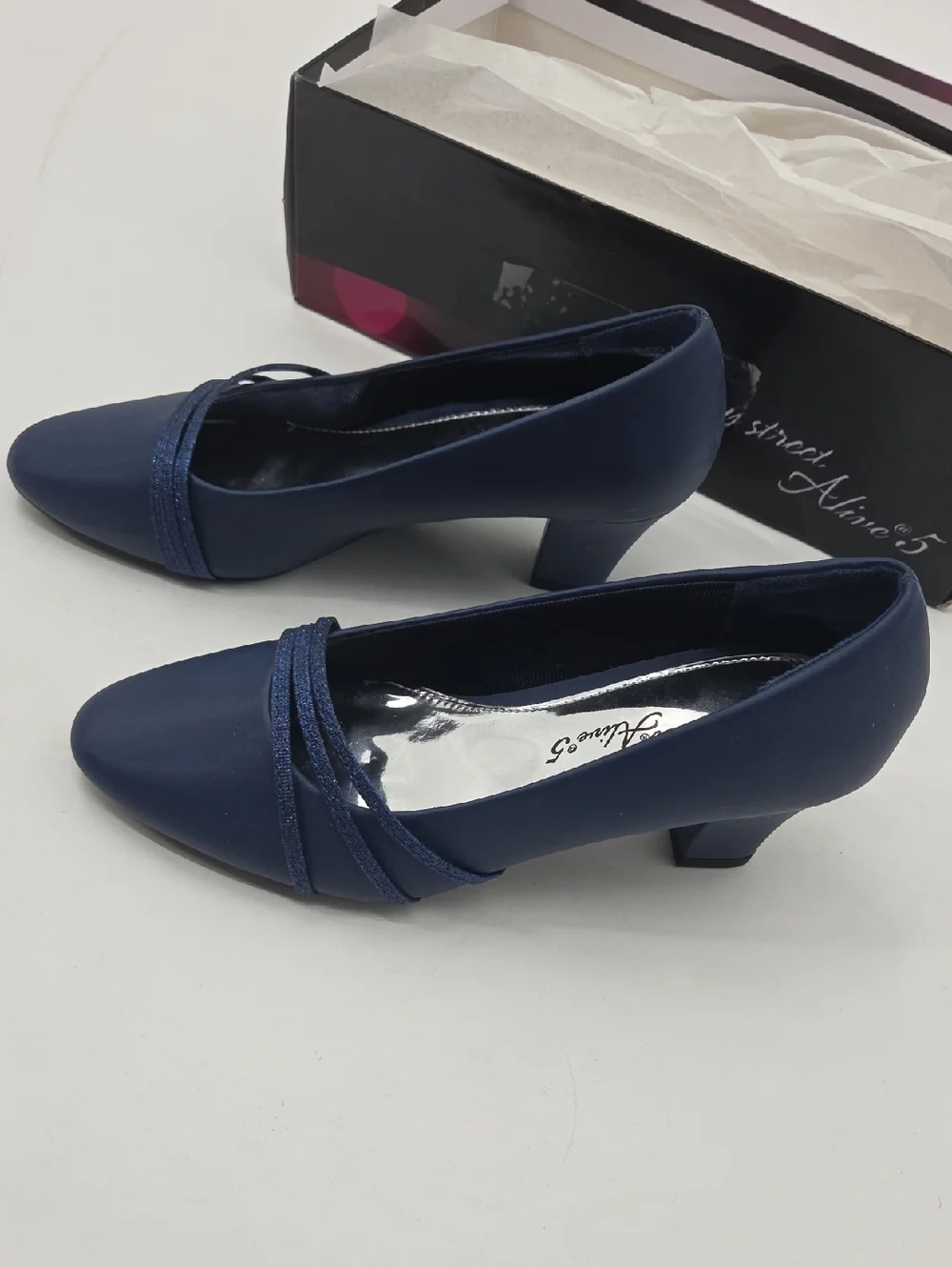easy street Cristiny Navy Low Block Heel Pump with Glitter Straps